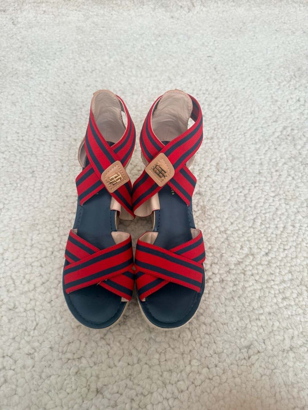 Tommy Hilfiger Womens 8M Espadrille Wedge Sandals Red Navy Striped Platform